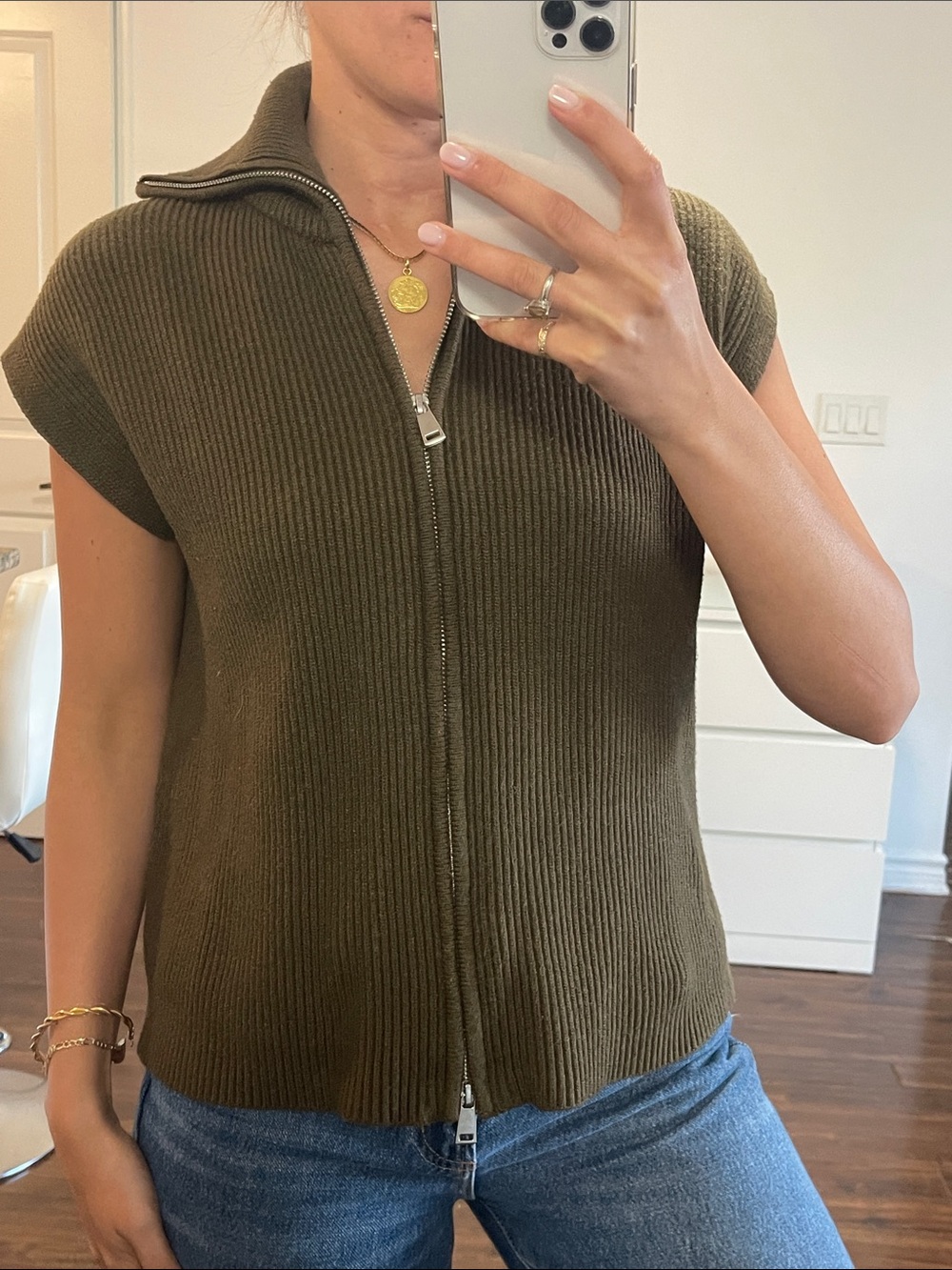 Women's Olive Zip-Front Ribbed Knit Sweater